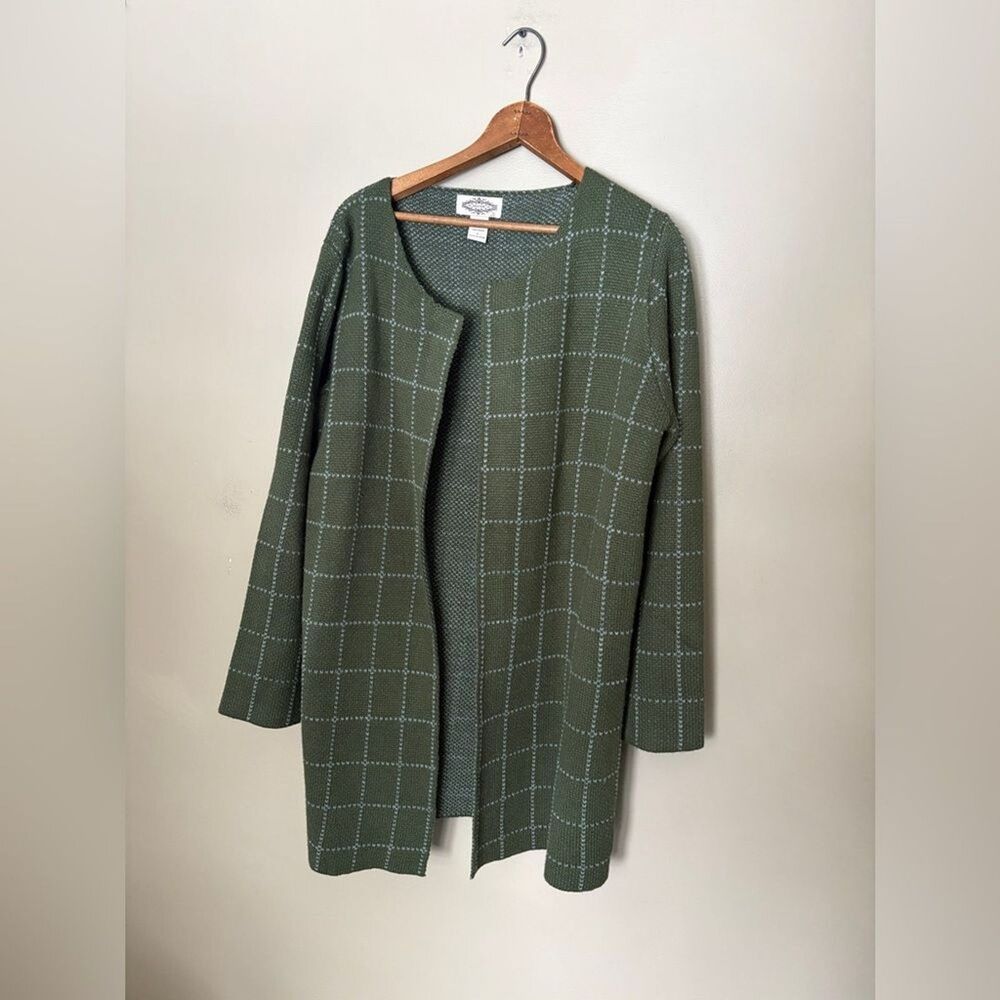Anthropologie green window pane long line open cardigan sweater Oliver by Escio - Picture 5 of 15